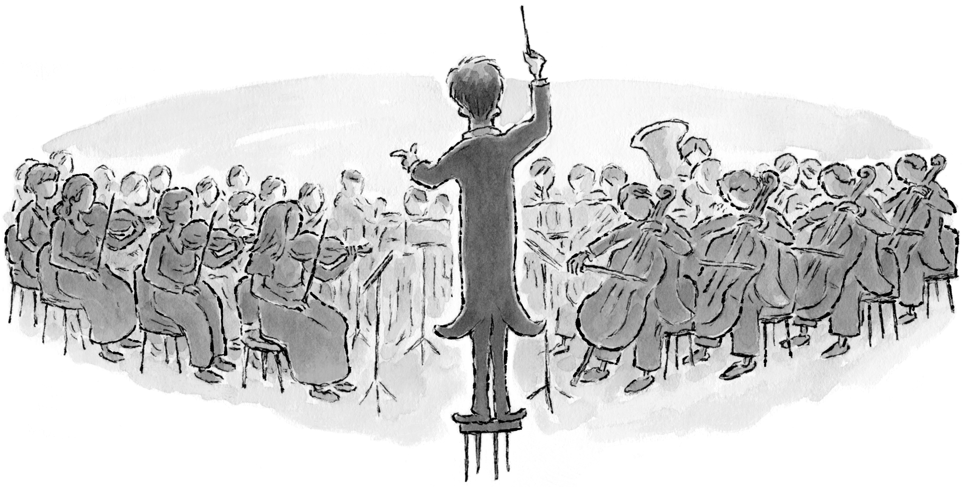 Illustration of a person conducting an orchestra. Perspective is centered behind the person, who is standing on a small stool.